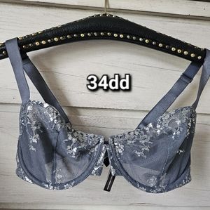 Victoria's Secret Size 34DD Blue Silver Metallic Floral Bra Very Sexy